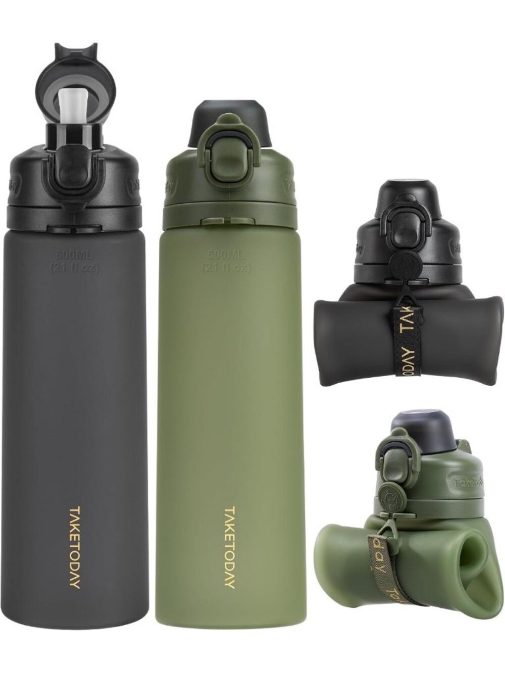 Collapsible 21oz Silicone Water Bottle with Straw & Strap - Leak-Resistant